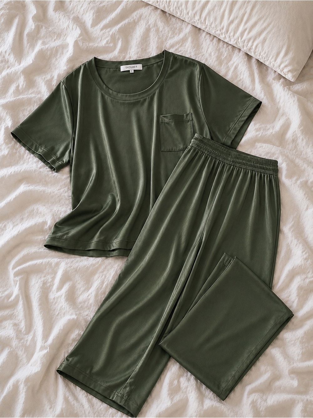 Ekouaer Olive Green Satin Pajama Set - Short Sleeve Tee & Elastic Waist Pants L